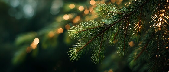 close-up of green pine tree branches with golden bokeh lights, a christmas decoration against a dark background, with copy space.