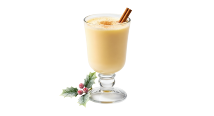 A glass of eggnog with cinnamon sticks and holly berries on a black background for the holiday season on transparent background