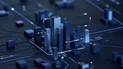 Abstract futuristic cityscape with glowing blue lights on a dark circuit board background representing technology and innovation - Powered by Adobe