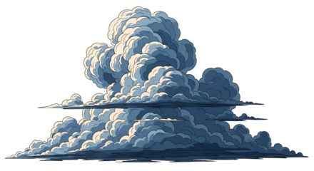 Illustration of a large cumulus cloud formation with a black background and layered cloud structure on transparent background