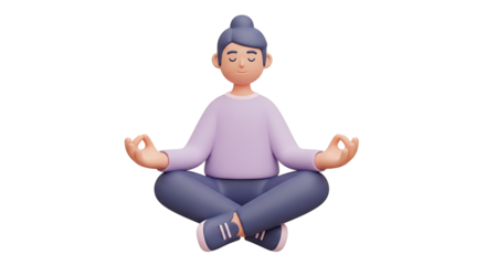 A cartoon person meditating with closed eyes and crossed legs wearing a lavender shirt and blue pants on transparent background