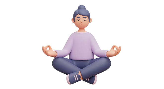 A cartoon person meditating with closed eyes and crossed legs wearing a lavender shirt and blue pants on transparent background