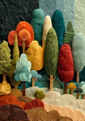 Colorful Layered Paper Cut Forest Scene with Vibrant Trees and Textured Plants