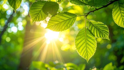 Vibrant green leaves bask in sunlight, creating serene and refreshing atmosphere