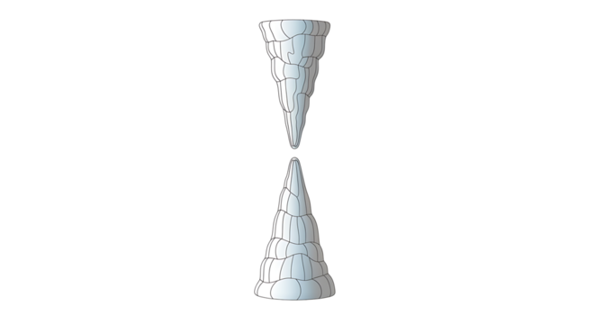 Two stylized white stalactites and stalagmites facing each other on a black background illustration on transparent background