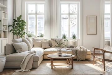 Bright and airy living room with a comfortable sectional sofa, plants, and natural light streaming through the windows in a cozy home