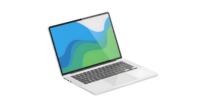 A laptop computer with a blue and green screen displayed on a black background in a simple illustration on transparent background