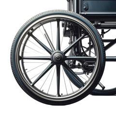 Fototapeta premium Detailed close-up of a wheelchair's wheel, showcasing intricate mechanical components against a stark black backdrop.