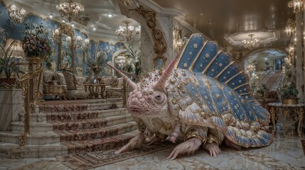 Luxurious Interior With Ornate Armored Fantasy Creature In Elegant Hotel Lobby