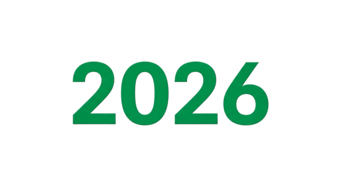 A simple image depicting the year two thousand twenty six displayed in green against a black background on transparent background