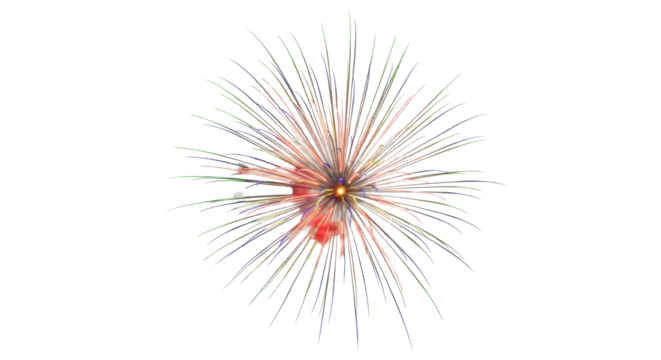 A vibrant burst of fireworks exploding against a stark black background with radiating light trails on transparent background