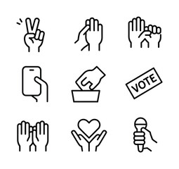 Hand Gesture Line Icons Set for Voting, Expression, and Participation