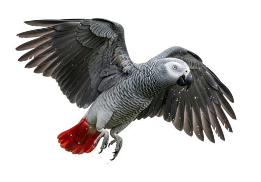 A grey parrot soars through the air, its wings outstretched against a striking black background.