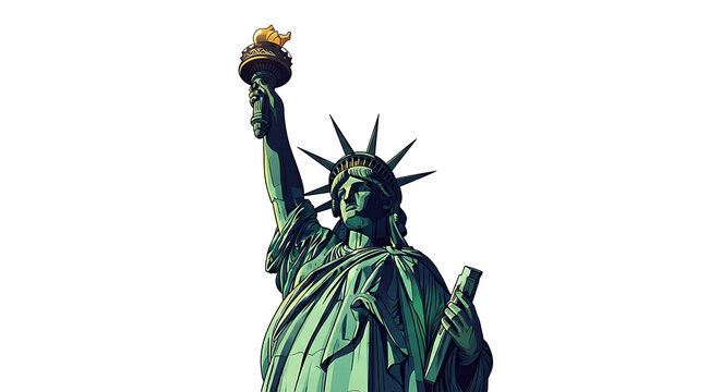 Statue of liberty illustration with torch held high against a stark black background in comic style on transparent background