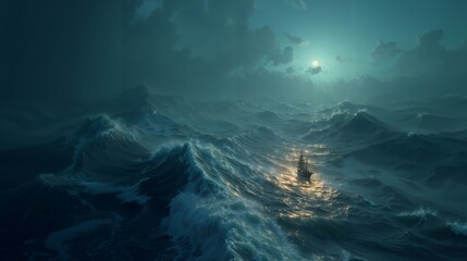 Small Sailboat Navigates Moonlit Waves Across a Vast Ocean at Night, Alone