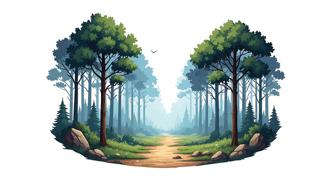 A path through a dense forest with tall trees and a misty atmosphere in a cartoon style illustration on transparent background - Powered by Adobe