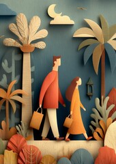Two people walking in a colorful landscape with palm trees and paper cutout style