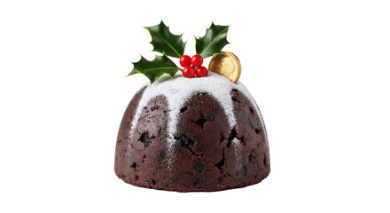 A christmas pudding topped with holly leaves, red berries, a gold coin and powdered sugar on a black background on transparent background