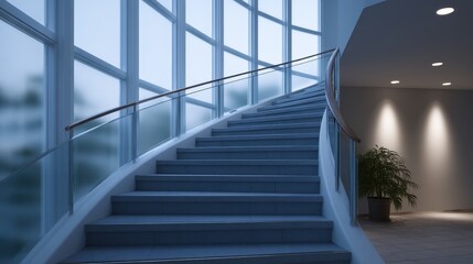 Obraz premium Curving Modern Glass Stairs in Bright Interior with Soft Lighting and Green Plant Accent