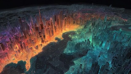 Abstract aerial view of a futuristic digital city with glowing skyscrapers and buildings, showcasing a colorful urban landscape divided by warm and cool tones against a dark background - Powered by Adobe