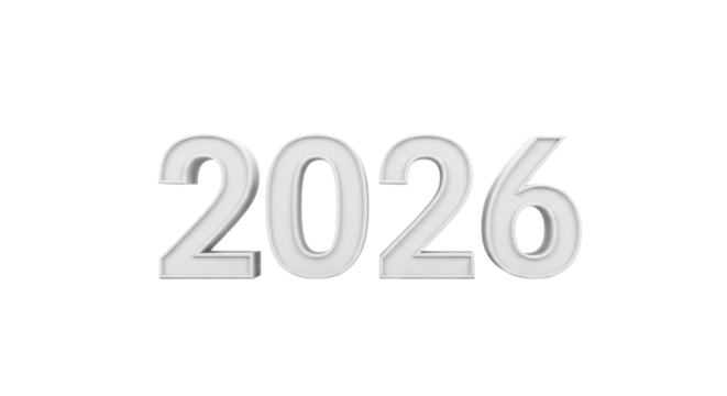 A simple image showing the year two thousand and twenty six in white on a plain black background on transparent background
