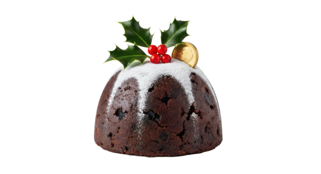 A christmas pudding topped with holly leaves, red berries, a gold coin and powdered sugar on a black background on transparent background