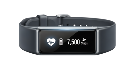 Close up of a fitness tracker displaying heart rate battery life and step count on a black background on transparent background