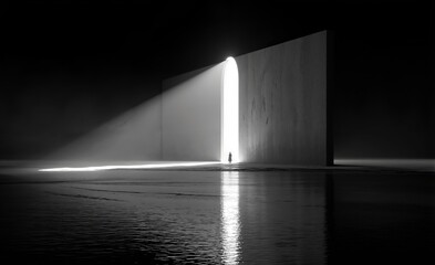 One Person Standing Before A Bright Archway Door In A Dark Minimalist Scene