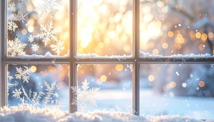Frosted window with snowflakes and warm sunset glow, creating serene winter scene