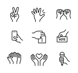 Hand Gesture Line Icons Set for Voting, Expression, and Communication