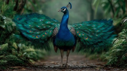 Fototapeta premium Majestic Peacock Displaying Vibrant Feathers in Lush Jungle Habitat