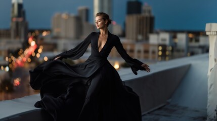 Elegant Woman In Black Gown On Rooftop At Night With Flowing Skirt Silhouette Dramatic