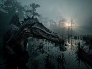 Dinosaur in Misty Swamp at Dawn With Sun Rays Behind Silhouetted Trees