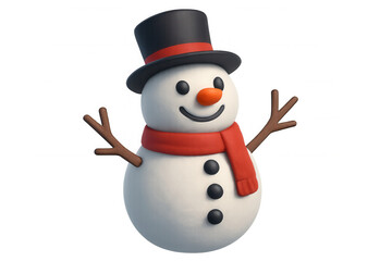 Snowman wearing top hat and red scarf, smiling for holiday celebrations, cute character in 3d illustration