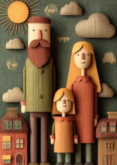 Colorful Family Illustration in a Textured Style with Sun and Clouds in Background
