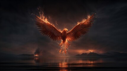 Fiery Phoenix Rises Over Dark Water With Volcanoes In The Distance