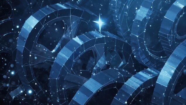 Stunning abstract geometric network structure glows with a bright star in deep space, perfect for tech and science concepts.
