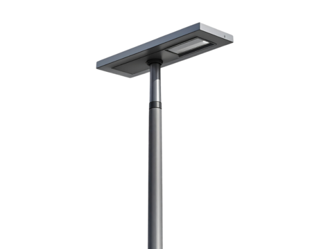 A tall modern street light pole made of smooth gray metal with a flat rectangular LED 