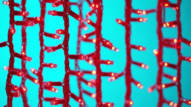 Red string lights against a teal background