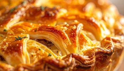 Delicious homemade pie with golden, flaky lattice puff pastry crust, garnished with fresh herbs. Culinary excellence.