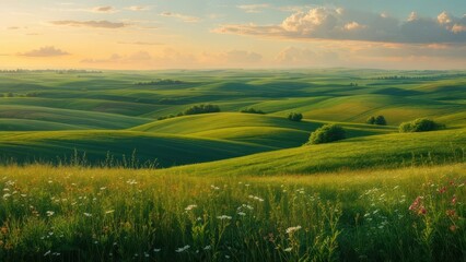 Obraz premium Golden hour illuminates rolling green fields and wildflowers under a serene, cloud-dappled sky, evoking peace and natural beauty.