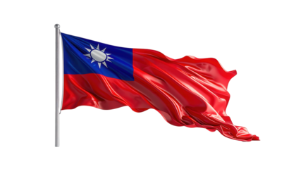 A digitally rendered illustration of the waving flag of Taiwan against a black backdrop.