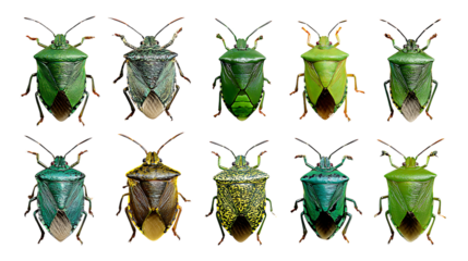 Collection of ten different shield bugs isolated on transparent background