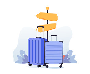 World travel concept with pointer and handbag. Travel time banner with Suitcase Banner Concept. Travel bags different