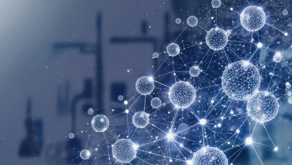 Stunning abstract network of glowing digital spheres and lines representing global connectivity and advanced technology in a futuristic blue background