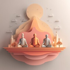 Serene Meditation Scene in Paper Cut Style with Abstract Mountain and Sun