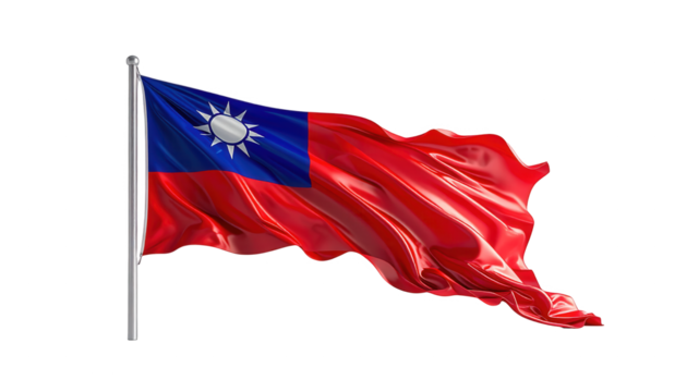 A digitally rendered illustration of the waving flag of Taiwan against a black backdrop.