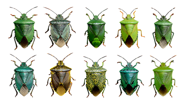 Collection of ten different shield bugs isolated on transparent background