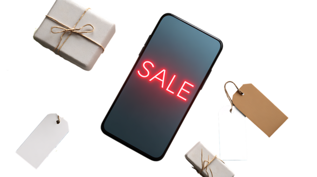 Smartphone displaying sale notification with gift and tags isolated isolated on transparent background