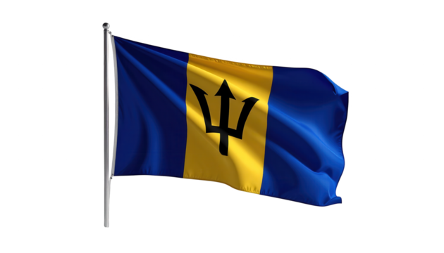 A digitally rendered image of the barbados flag, waving majestically against a black background. The vibrant colors and flowing fabric evoke a sense of national pride and patriotism. - Powered by Adobe